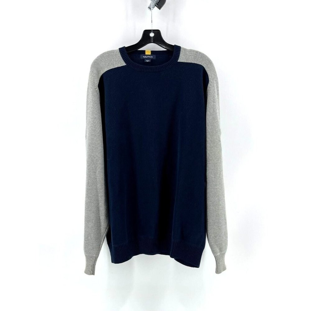 Nautica Men's 100% Cotton Navy Blue Gray Long Sleeve Knit Sweater Size Medium - Picture 1 of 9